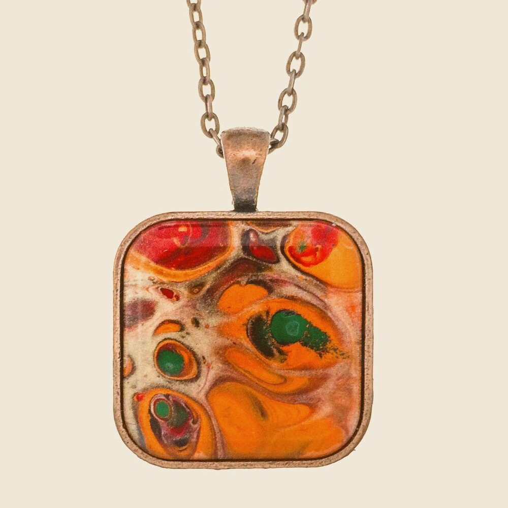 Handmade Square Pendant & Necklace Orange & Gold